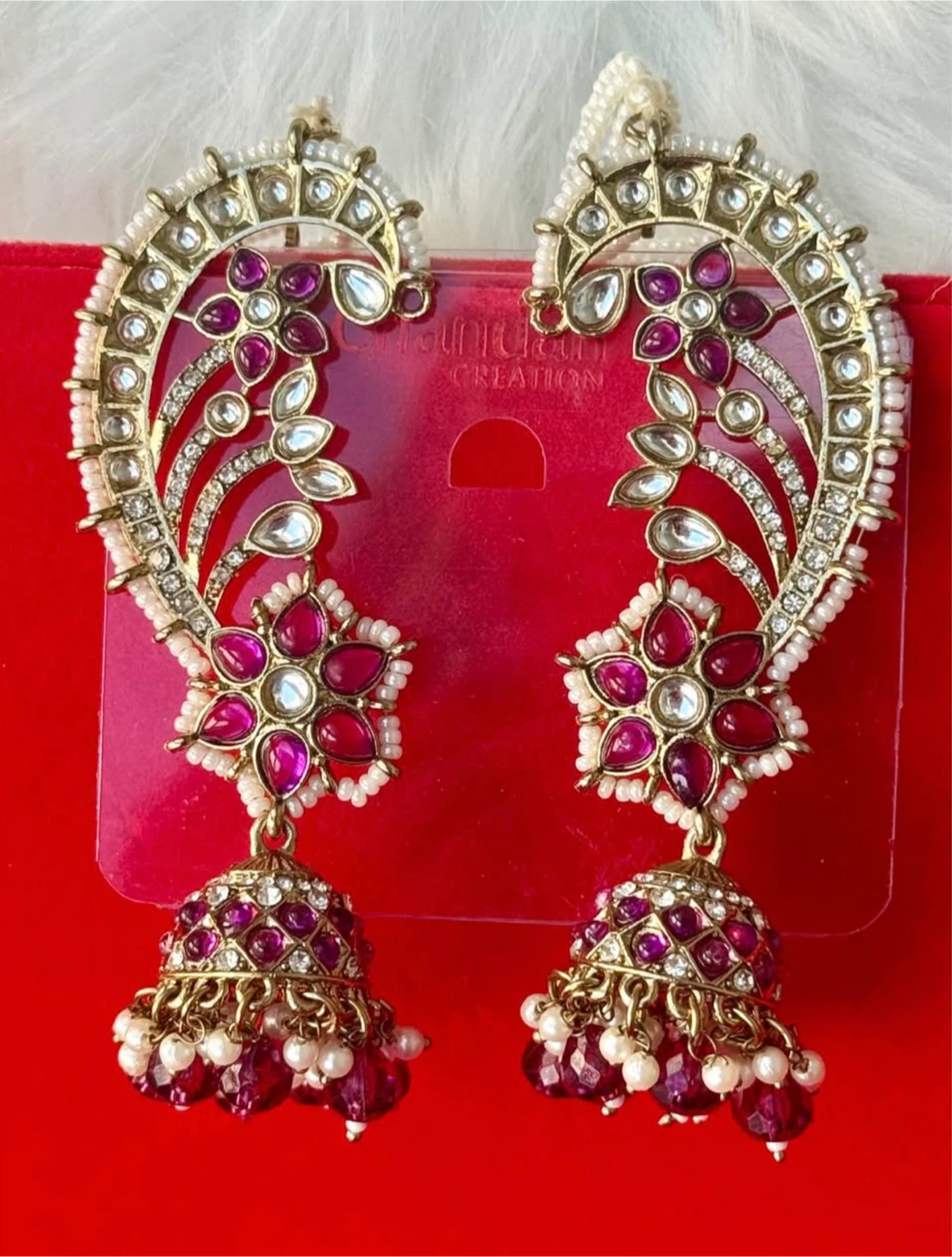 Earcuffs!! Gold Tone Jhumka Earrings with Pink Stones - photo 2