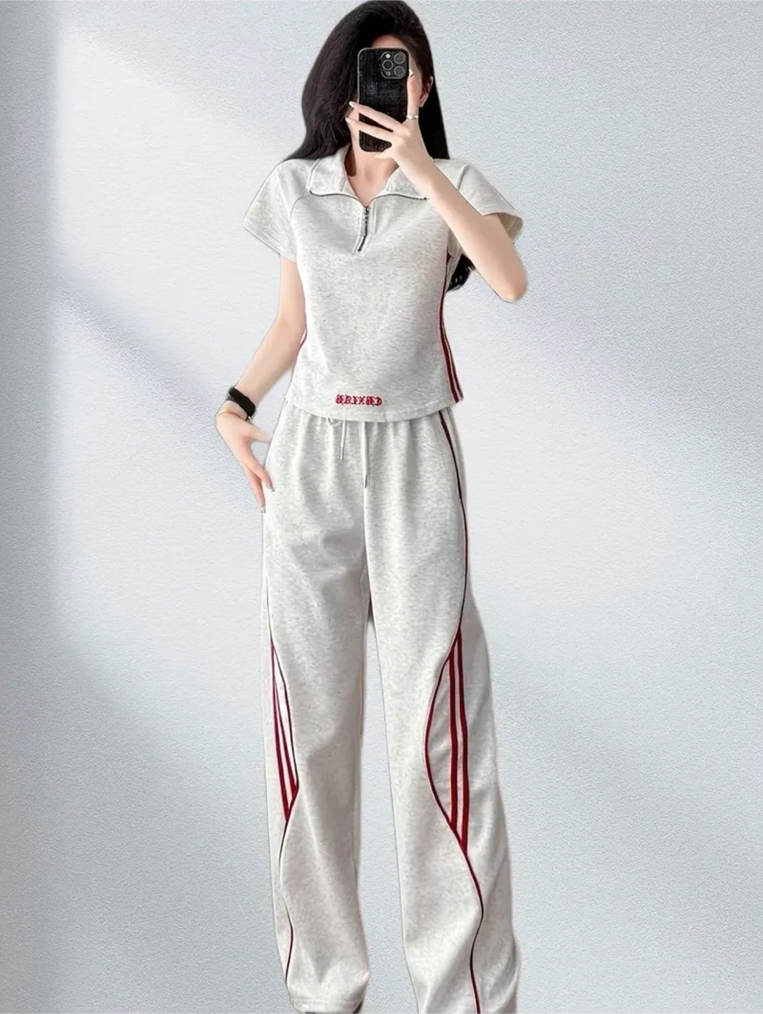 Grey Tracksuit Set with Red Trim