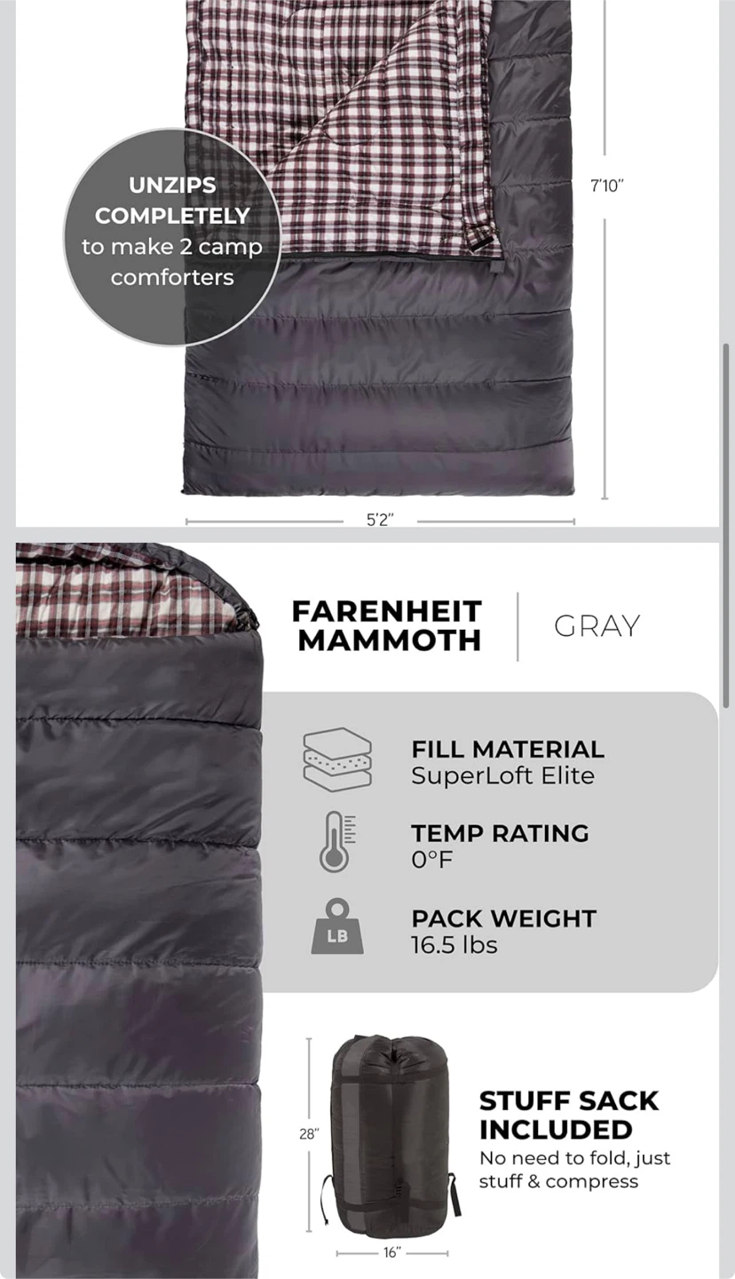 Teton Sports Fahrenheit Mammoth Sleeping Bag - 0F - Gray - photo 2