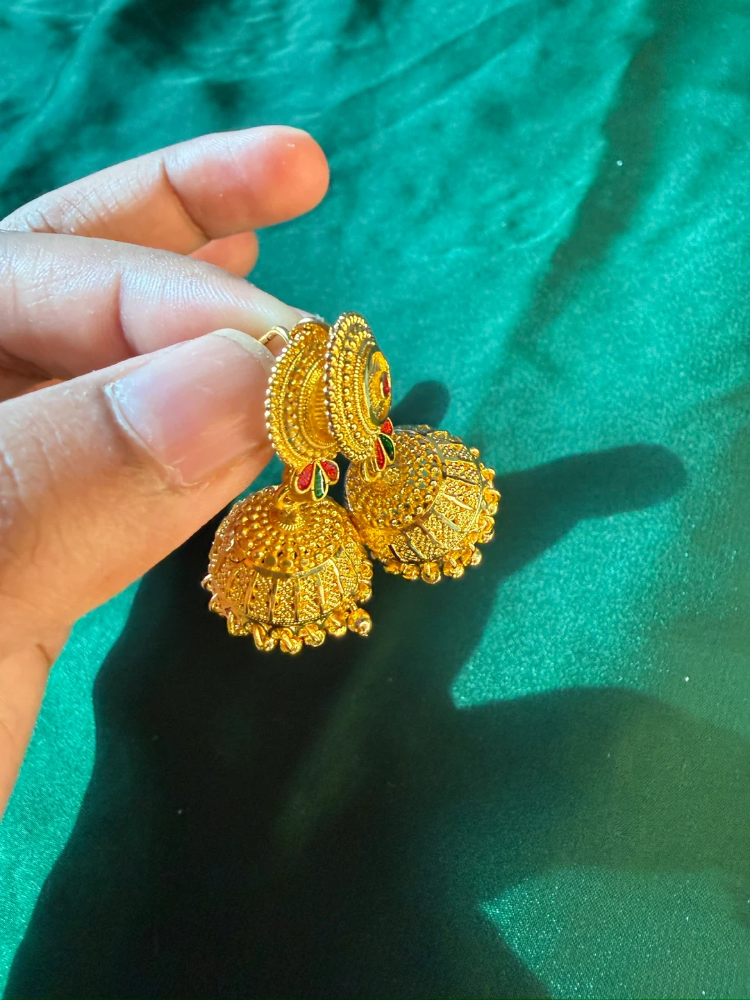 Gold Jhumka Earrings with Red and Green Stones - photo 5
