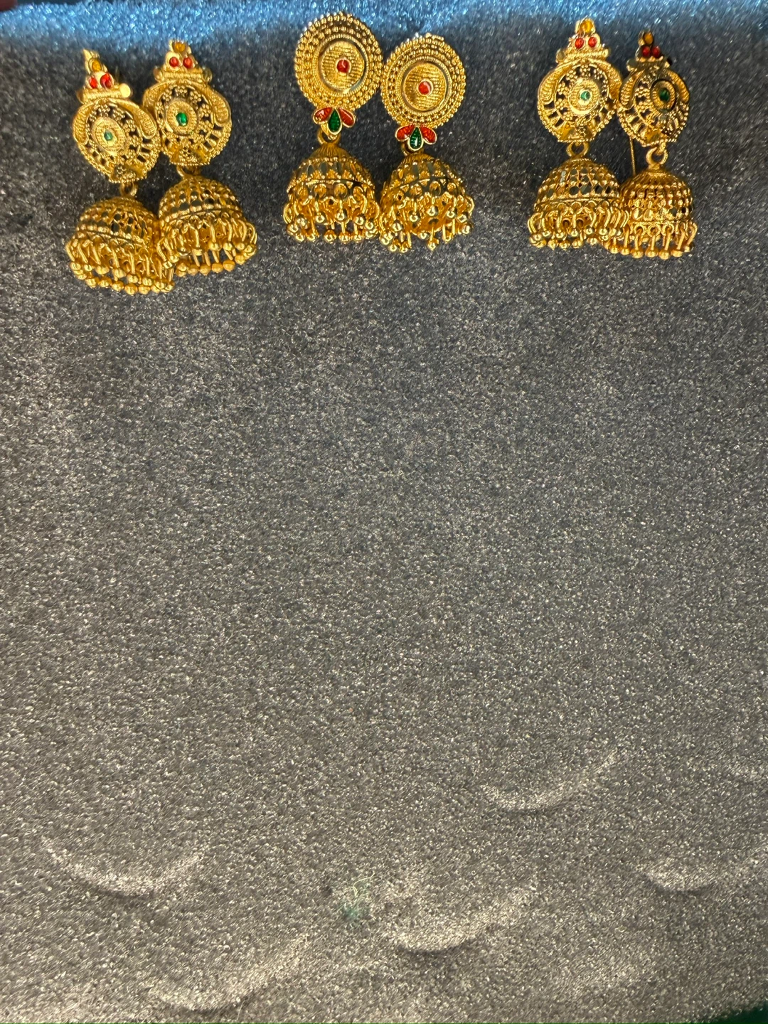 Gold Jhumka Earrings with Red and Green Stones - photo 3