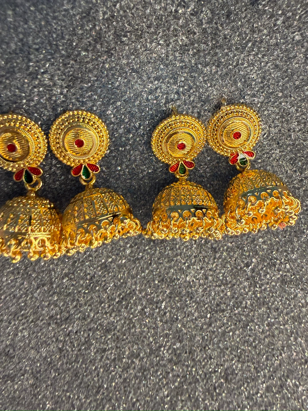 Gold Jhumka Earrings with Red and Green Stones - photo 2