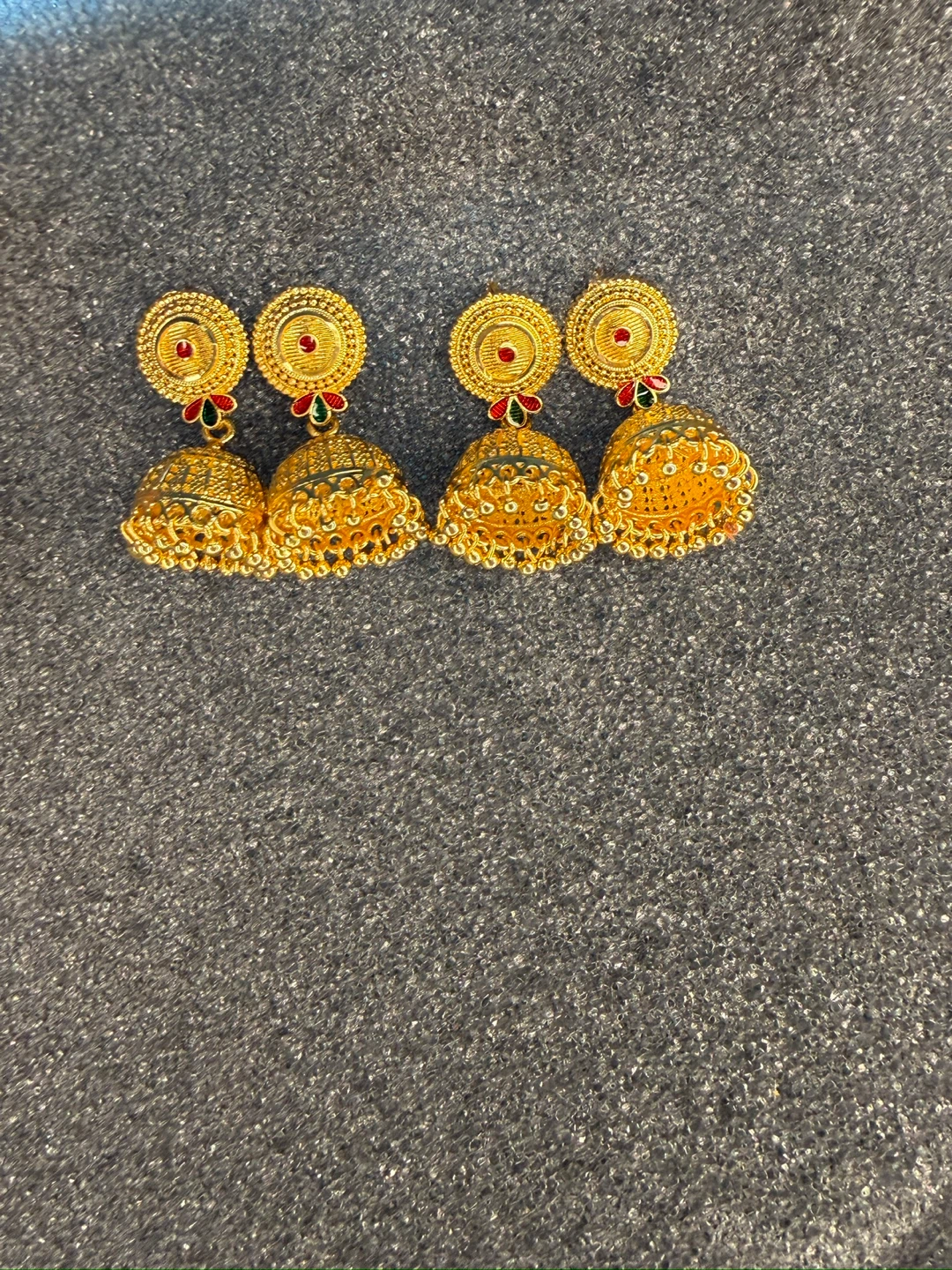 Gold Jhumka Earrings with Red and Green Stones - photo 4