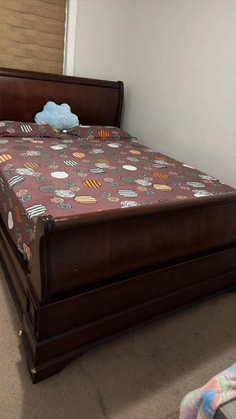 Dark Wood Sleigh Bed Frame and Nightstand