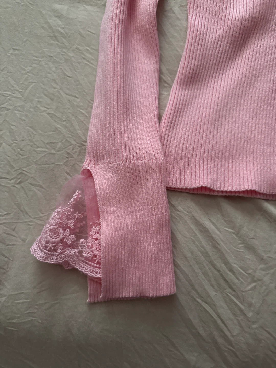 Pink Ribbed Cardigan with Lace Trim - photo 2