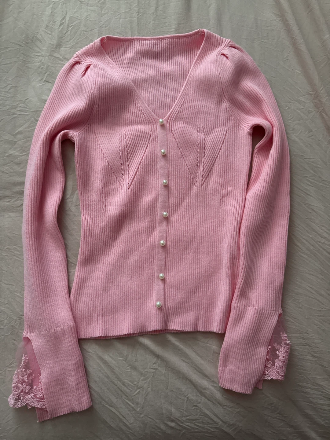 Pink Ribbed Cardigan with Lace Trim