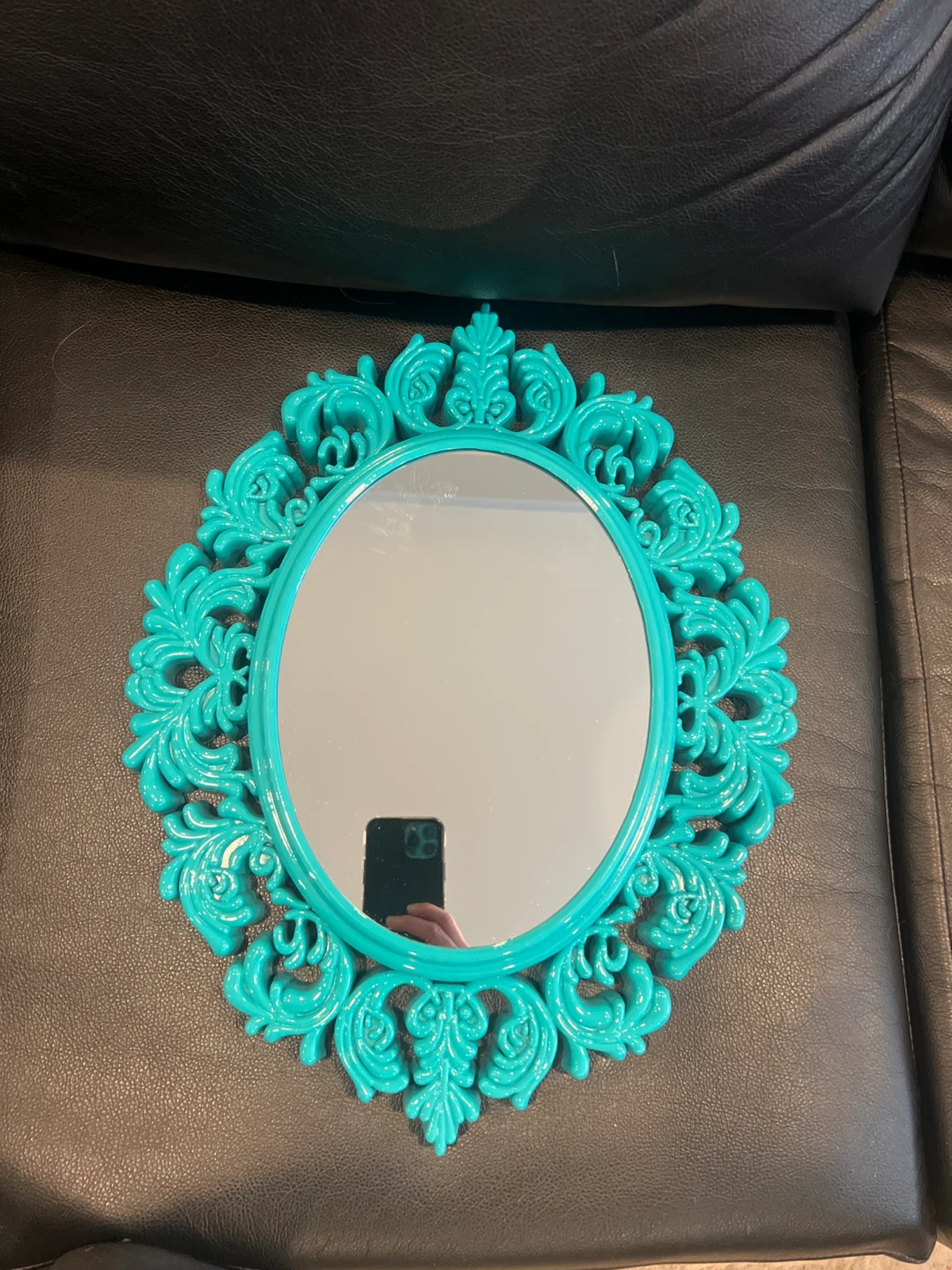 Glossy teal baroque oval mirror