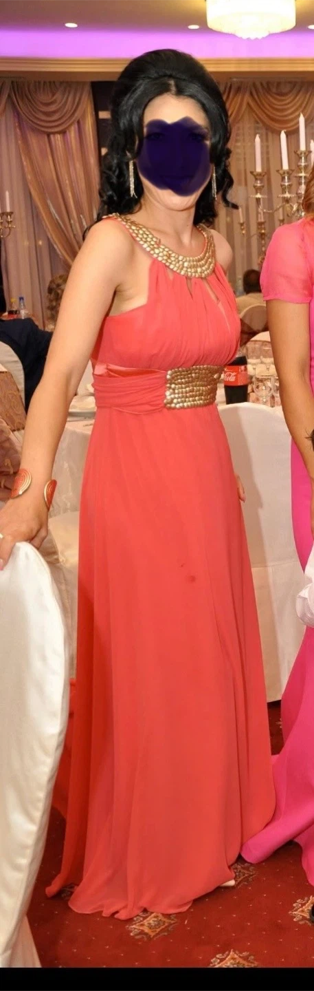 Salmon color Chiffon Gown with Gold Embellishments - photo 3