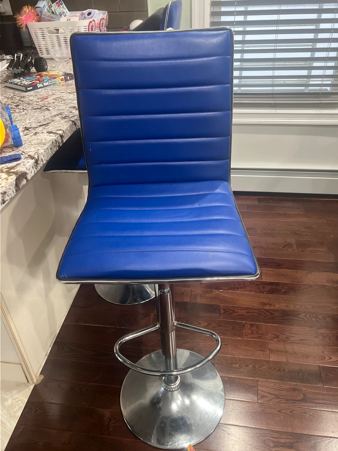 Blue Faux Leather Adjustable Bar Stool 4 set
