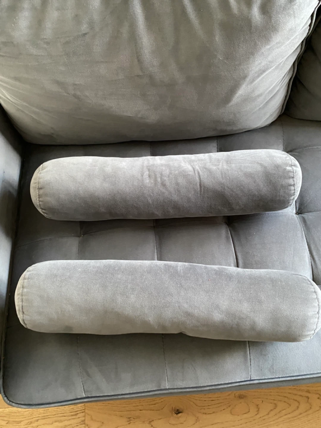 Grey Velvet Loveseat Sofa with Bolster Pillows - photo 2