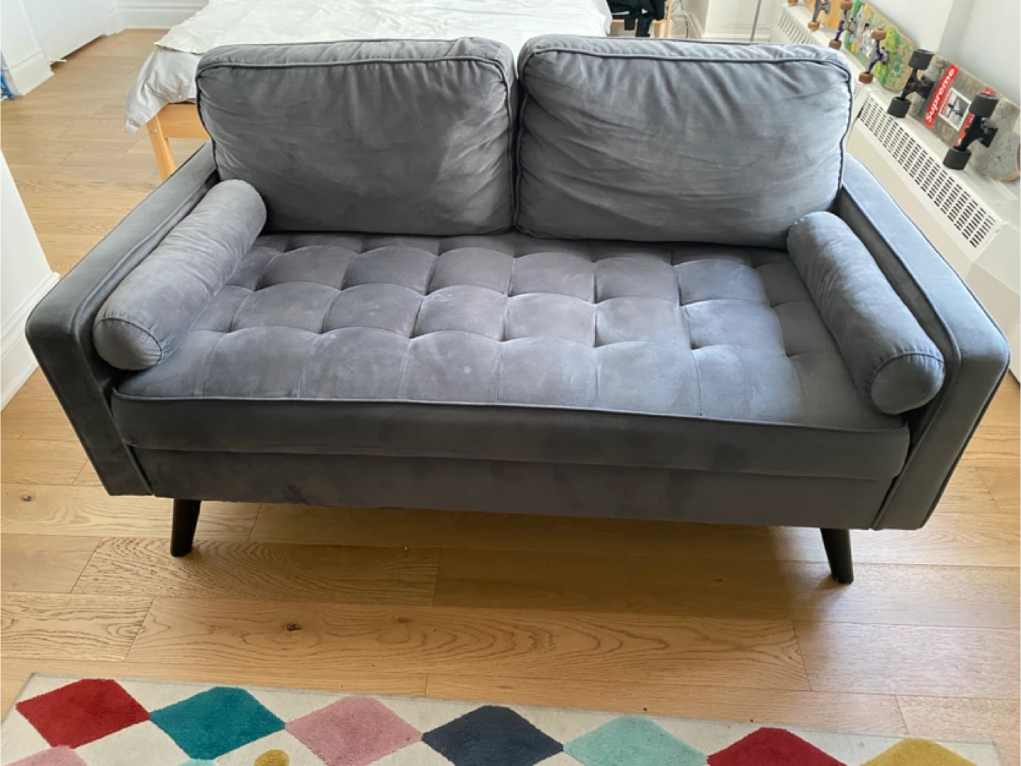 Grey Velvet Loveseat Sofa with Bolster Pillows