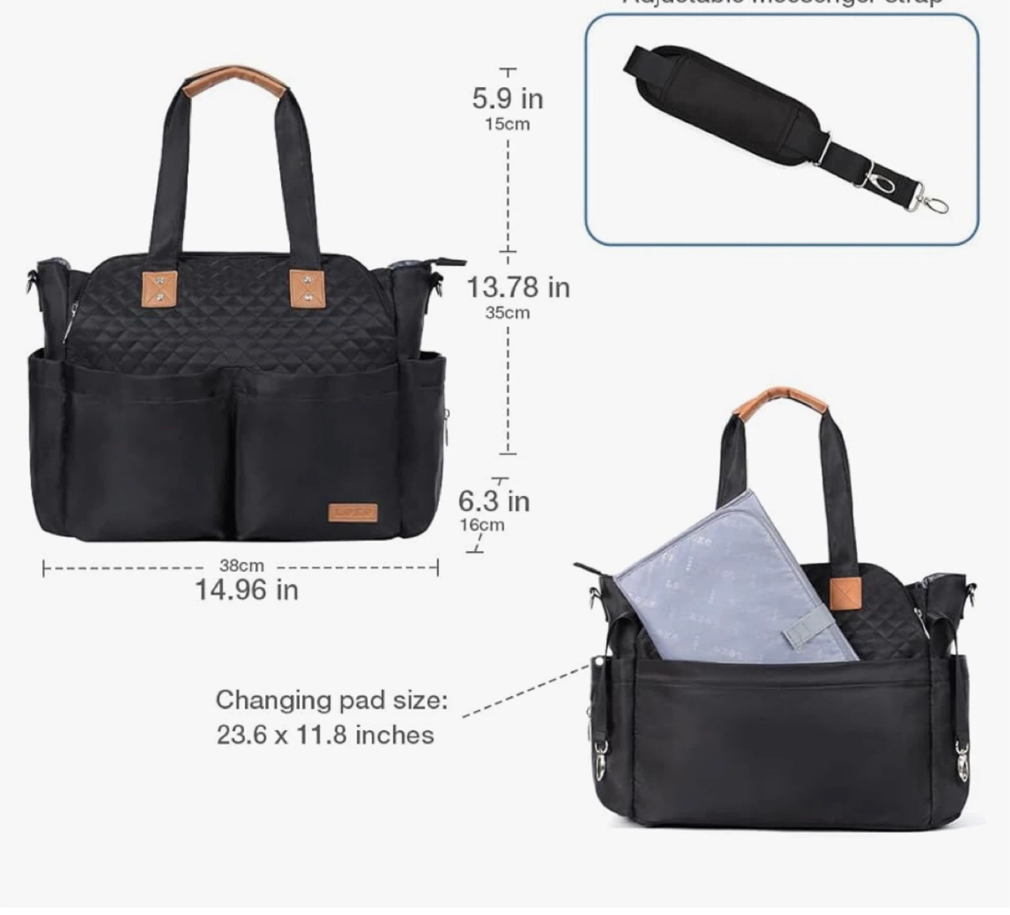 Black Quilted Diaper Bag with Changing Pad - photo 2
