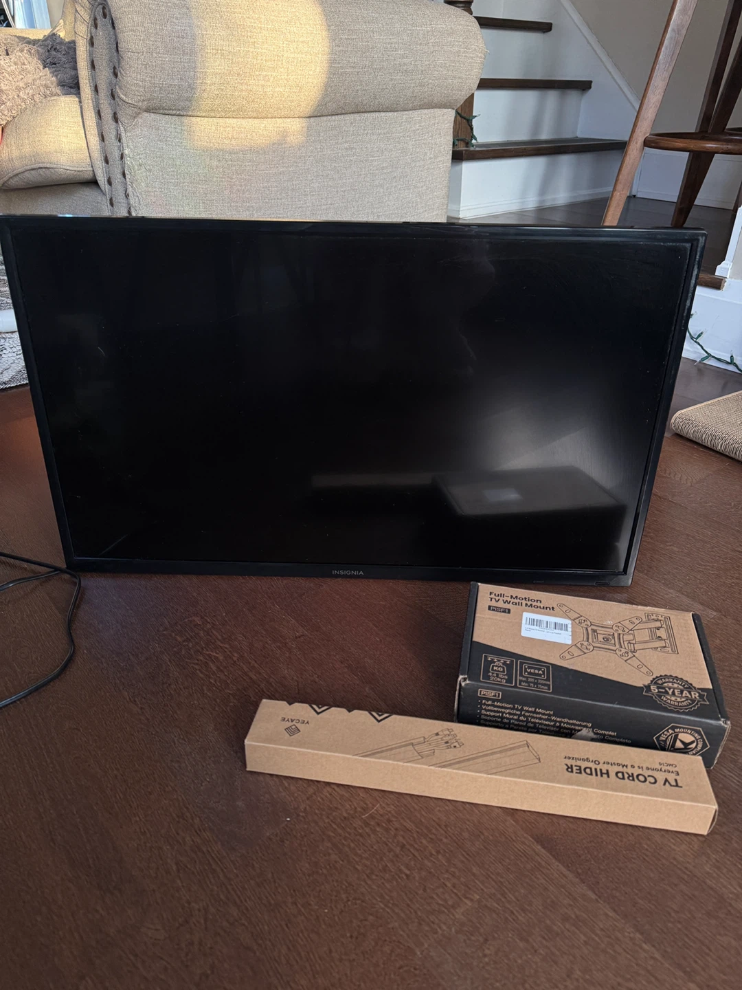 Full TV setup (Insignia TV + Mount + Cord Hider)