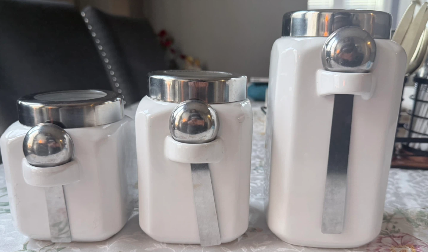 Set of 3 White Ceramic Canisters with Stainless Steel Lids