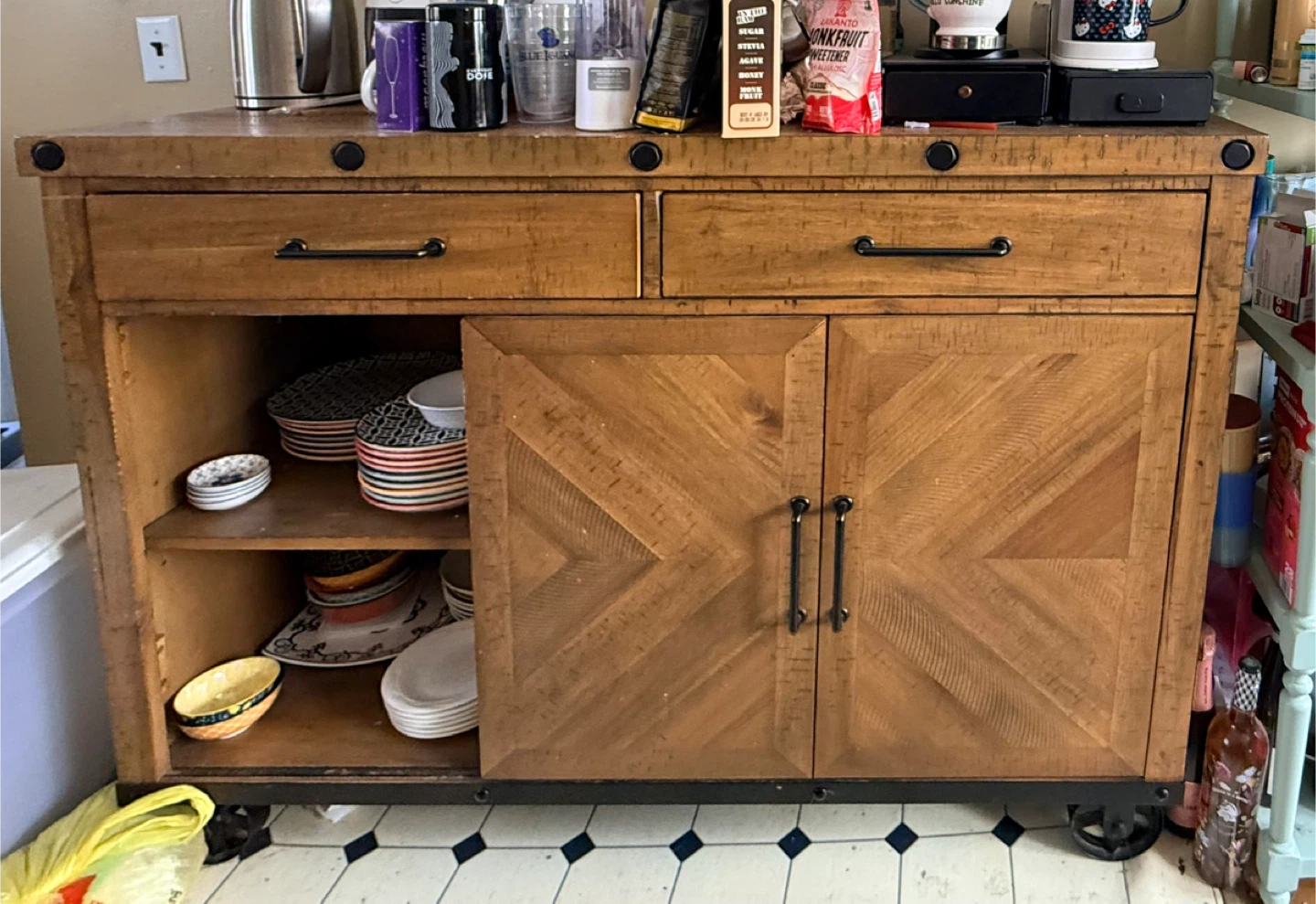 Rustic Wood Bar Cabinet with Wheels