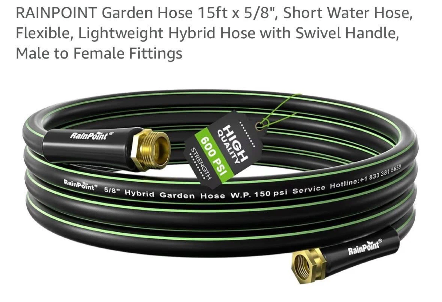 RainPoint Garden Hose 15ft x 5/8" Hybrid Kink-Free - photo 2