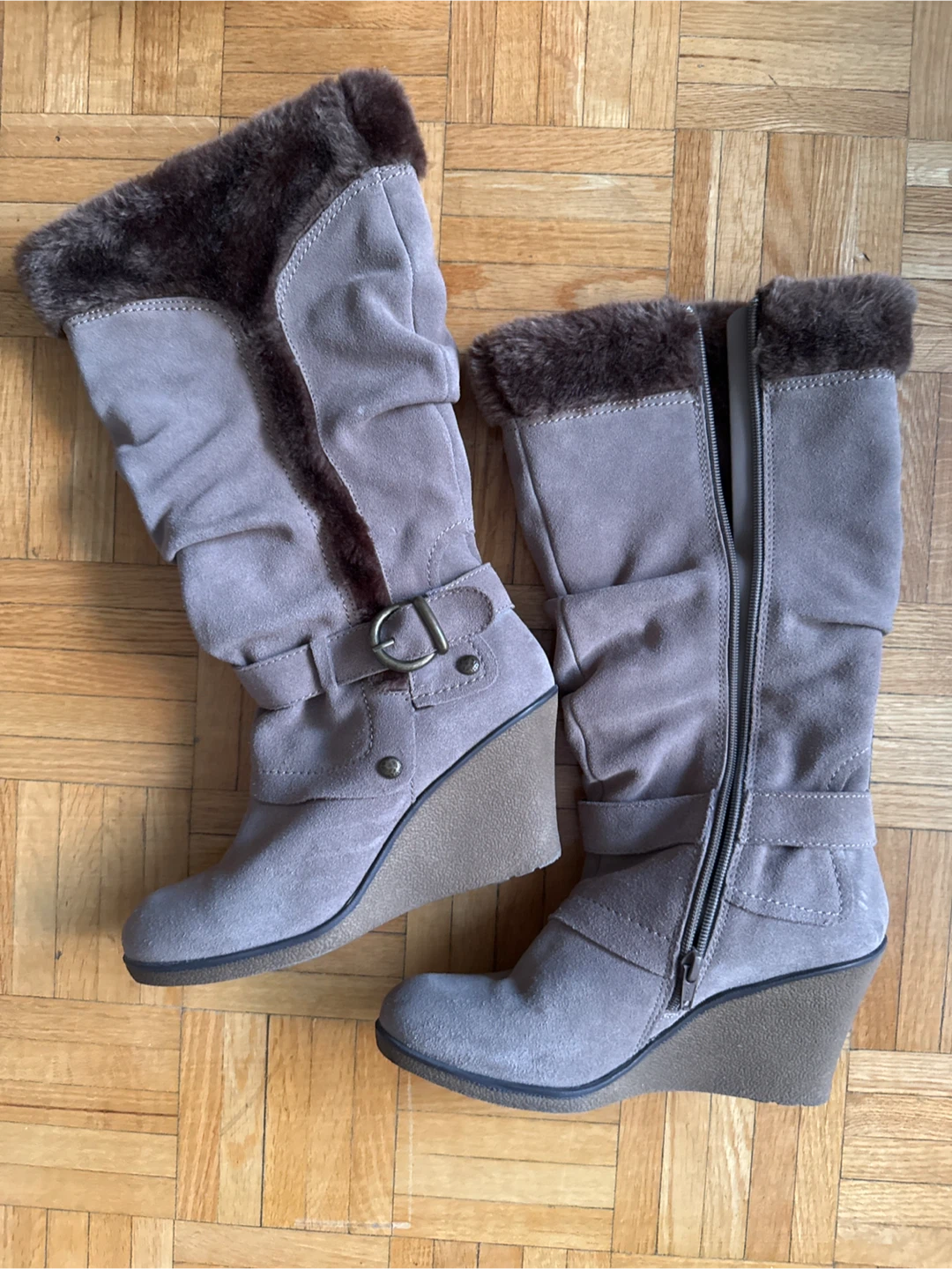 Baretraps Wedge Boots - Taupe Suede with Faux Fur Trim