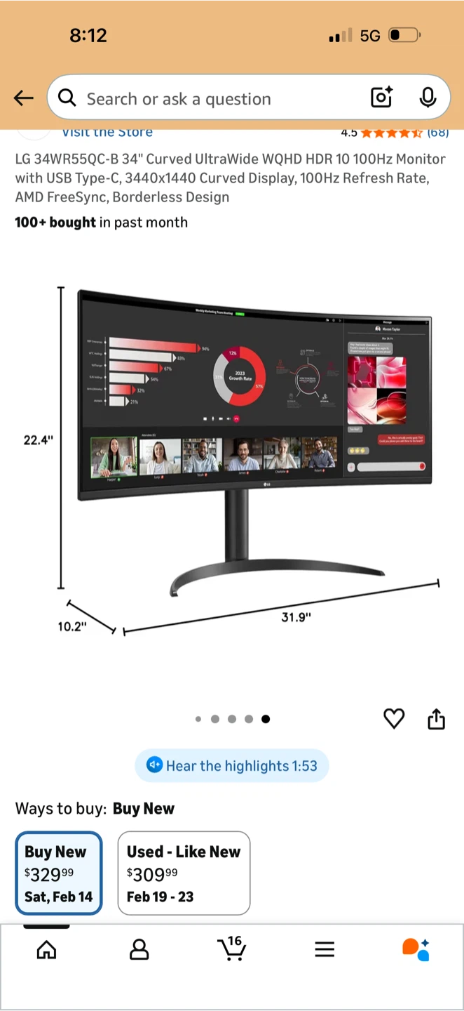 LG 34" UltraWide WQHD HDR 100Hz Curved Monitor