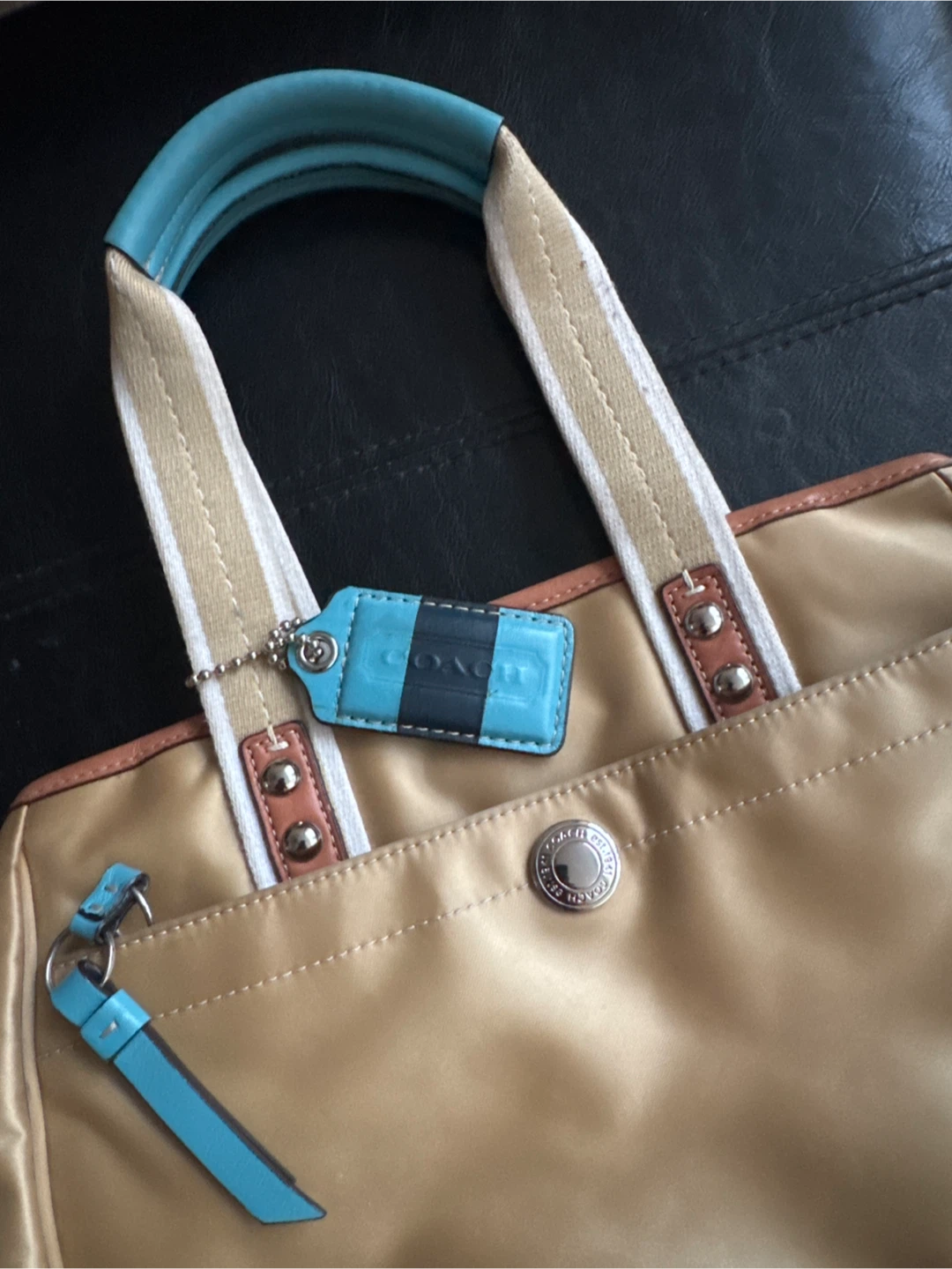 Coach Gold Tone / Tan Shoulder Bag with Blue Accents - photo 2