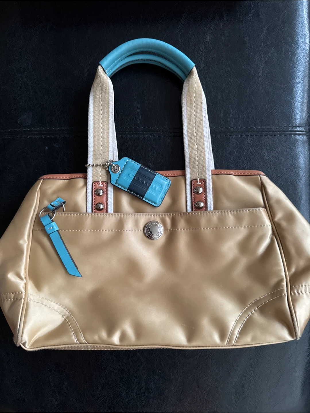 Coach Gold Tone / Tan Shoulder Bag with Blue Accents