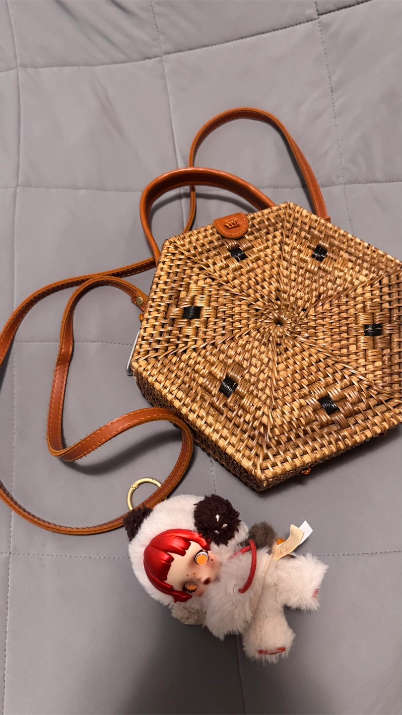 Woven Rattan Hexagon Crossbody Bag with Leather Accents