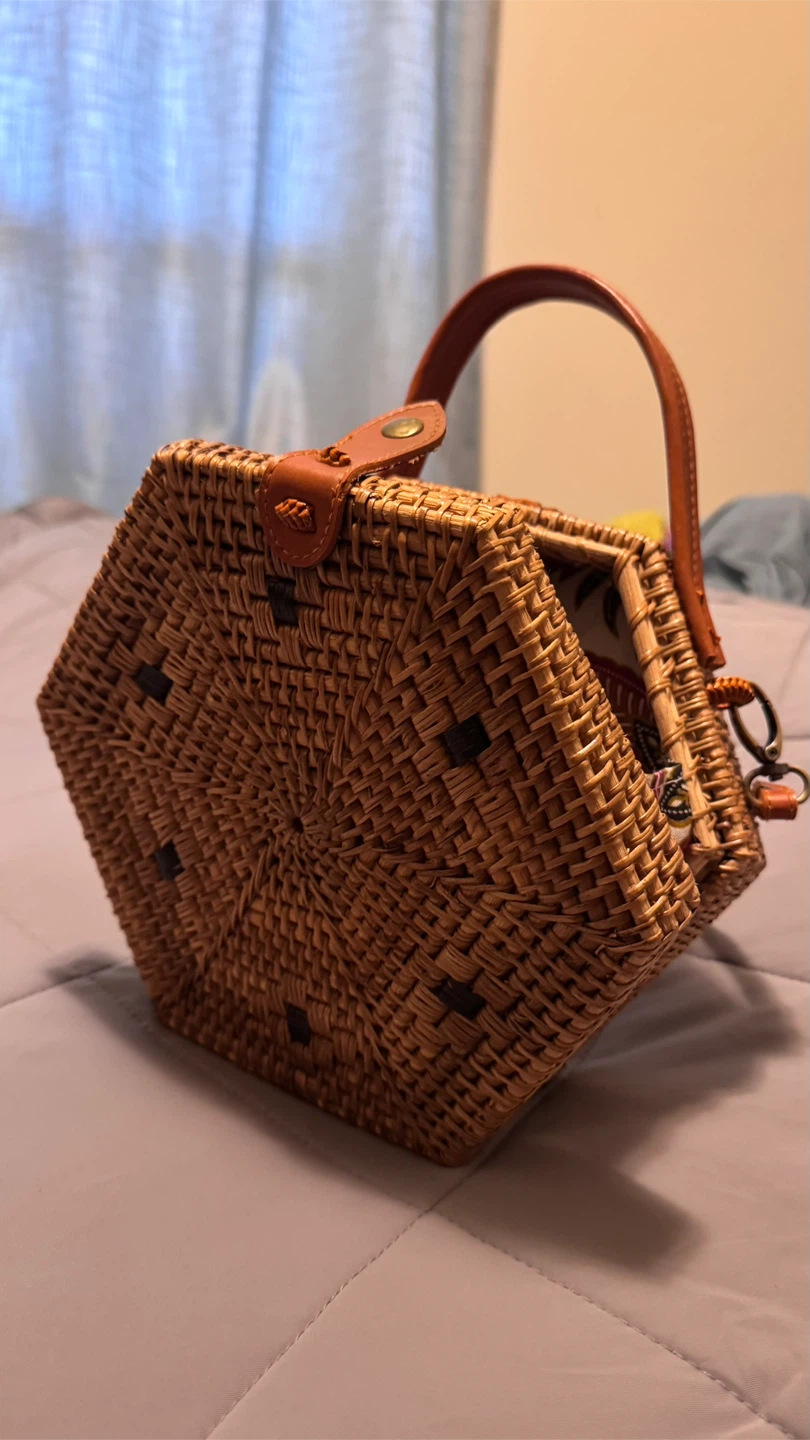 Woven Rattan Hexagon Crossbody Bag with Leather Accents - photo 2