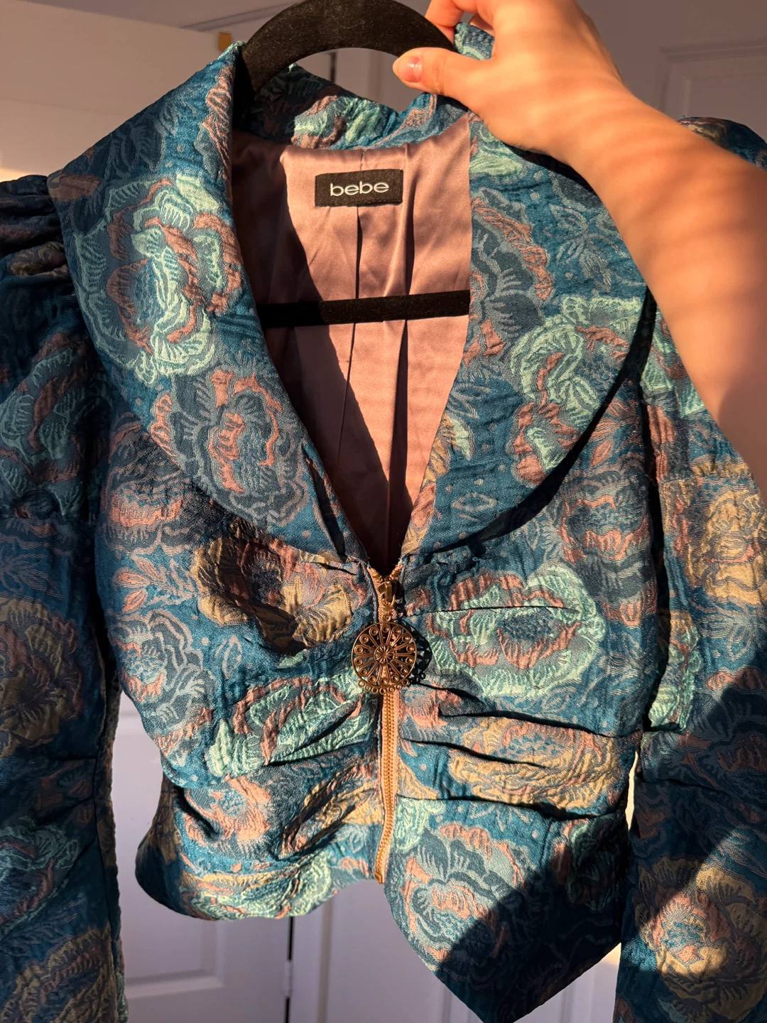 Vintage Teal Brocade Jacket with Puff Sleeves✨ - photo 2