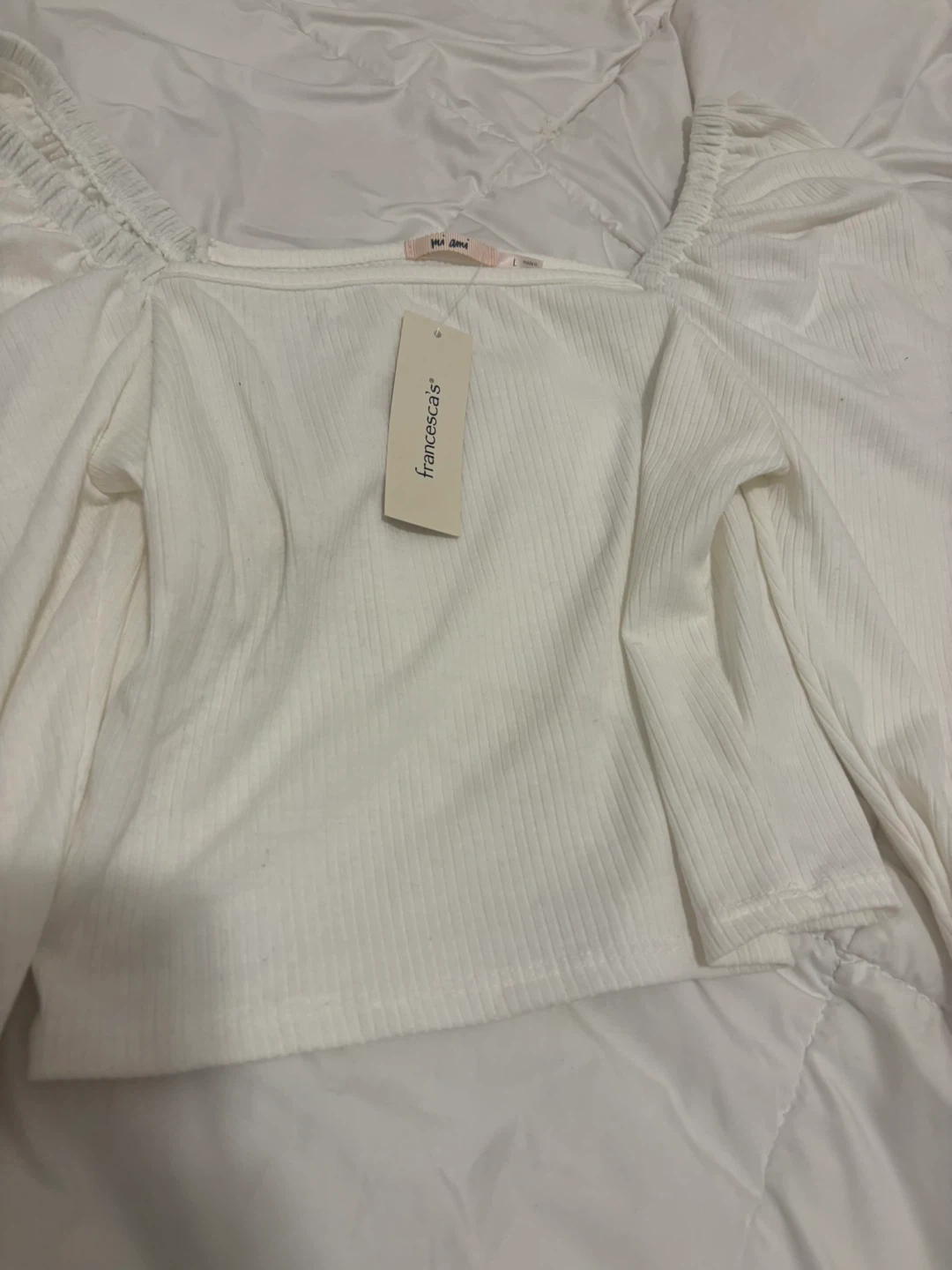 Mia Ami White Ribbed Puff Sleeve Top Size L