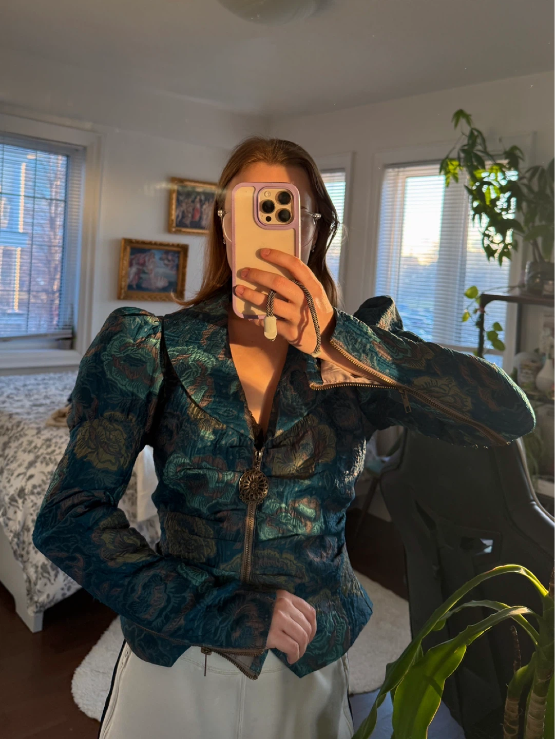 Vintage Teal Brocade Jacket with Puff Sleeves✨