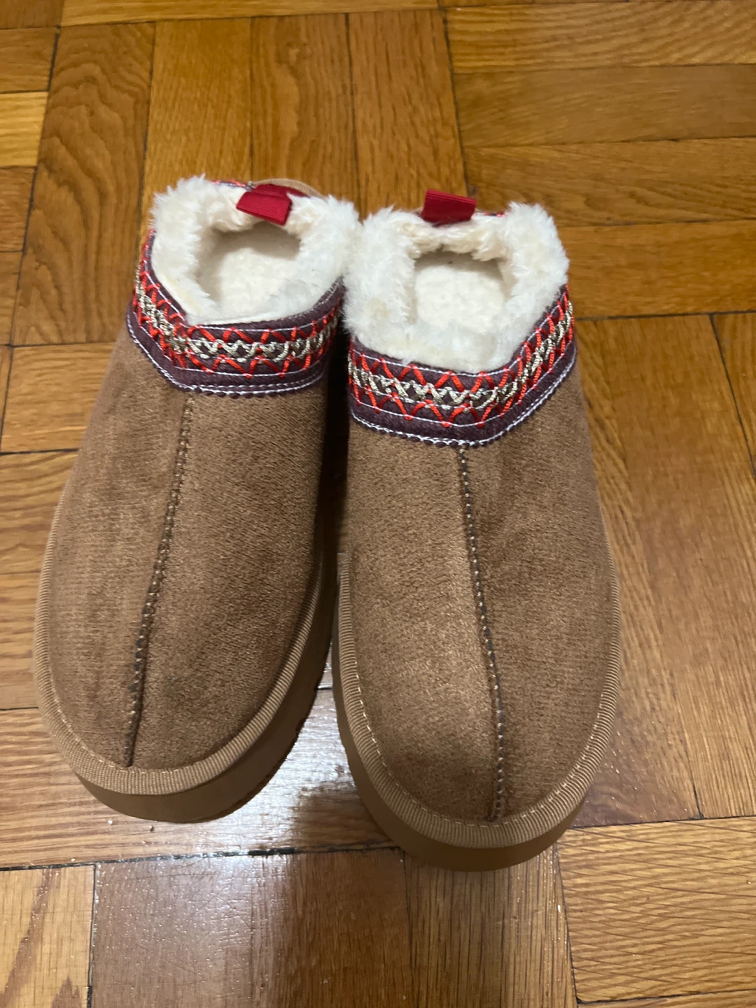 Women's Brown Moccasin Slippers with Faux Fur Trim