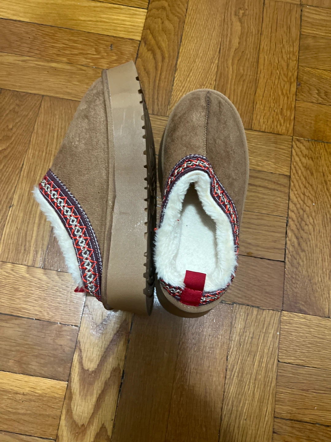Women's Brown Moccasin Slippers with Faux Fur Trim - photo 2