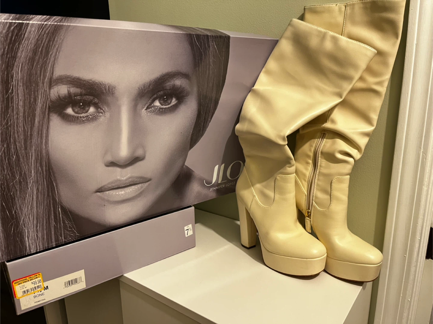 Jennifer Lopez "JLO" Knee-High Platform Boots Bone Color