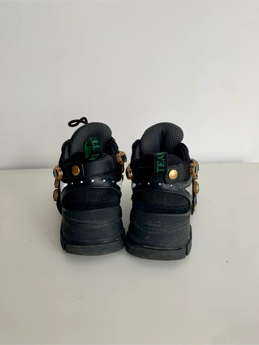 Gucci Black Ace Sneakers with Green Crystal Embellishments - photo 3