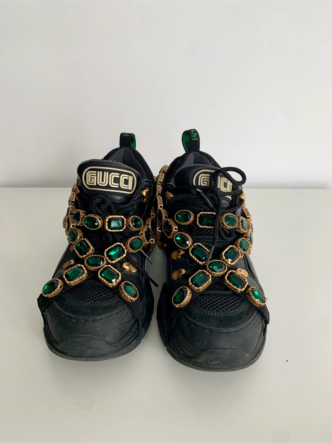 Gucci Black Ace Sneakers with Green Crystal Embellishments - photo 2