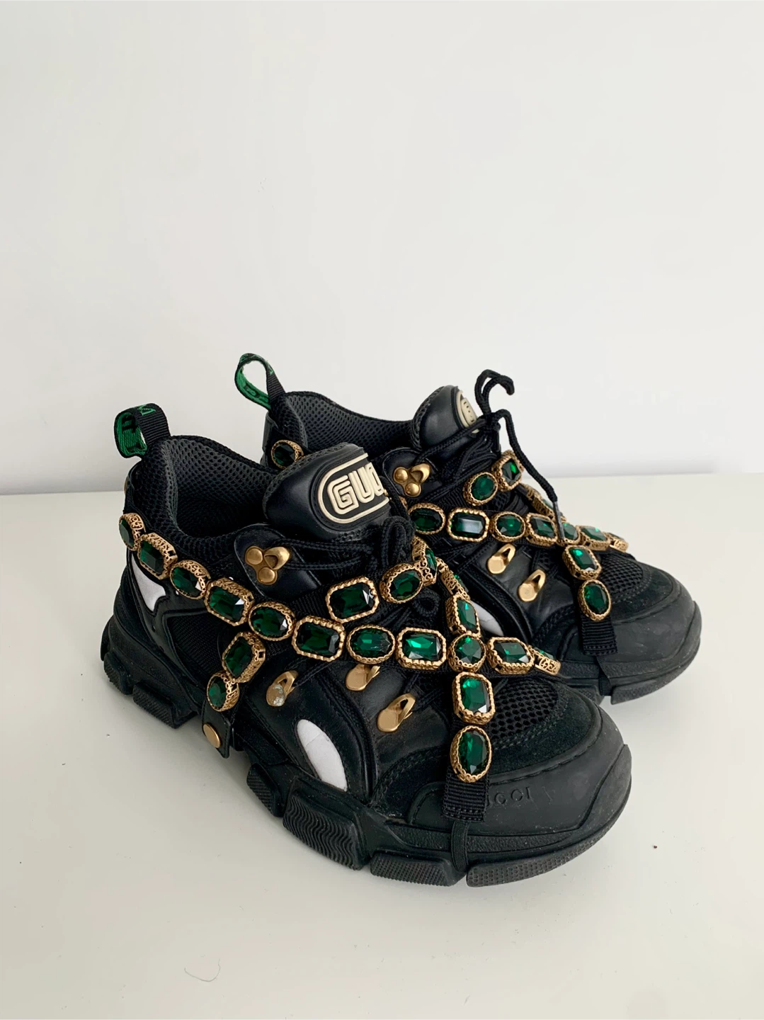 Gucci Black Ace Sneakers with Green Crystal Embellishments