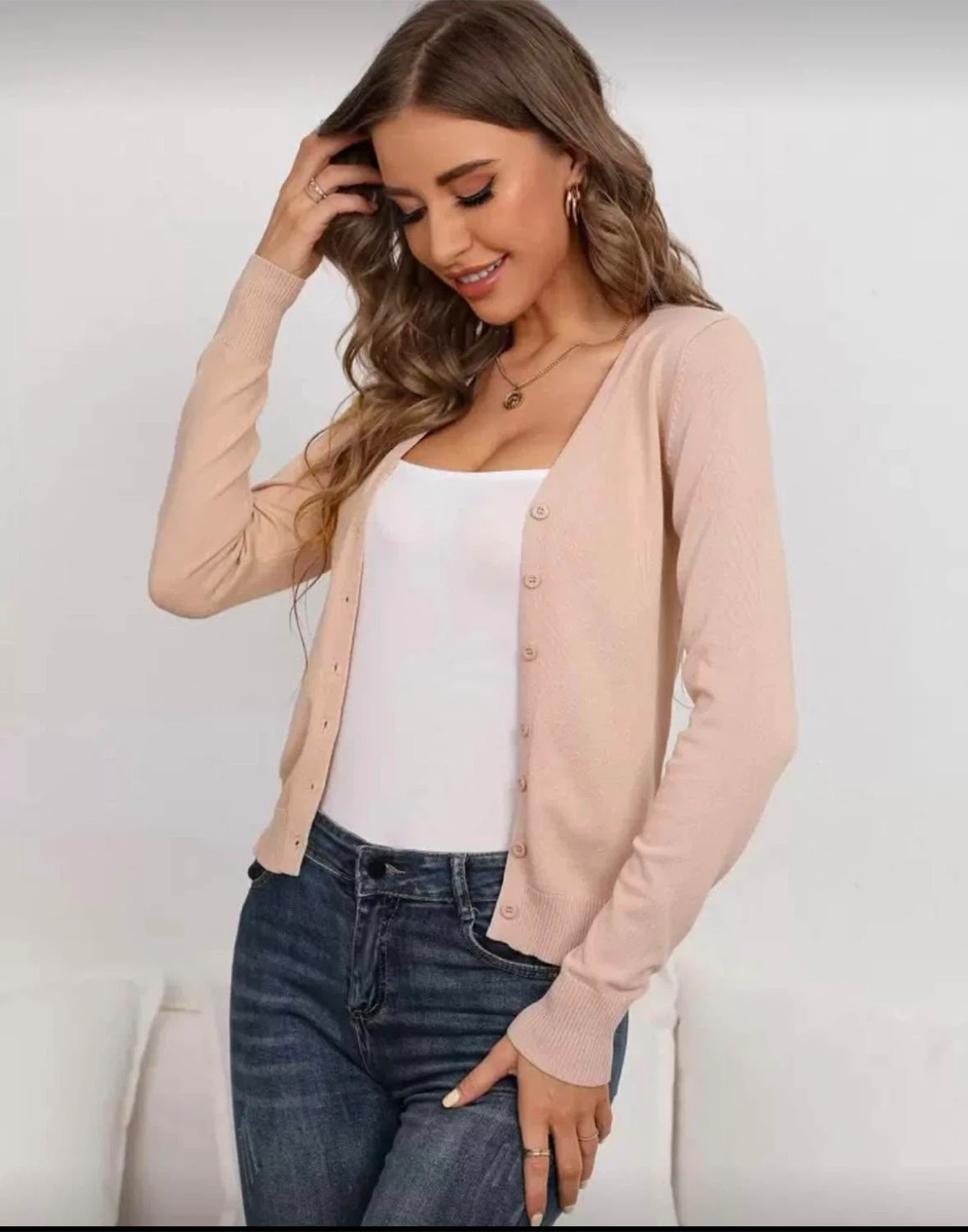 Women's Long Sleeve Cardigan - Peach