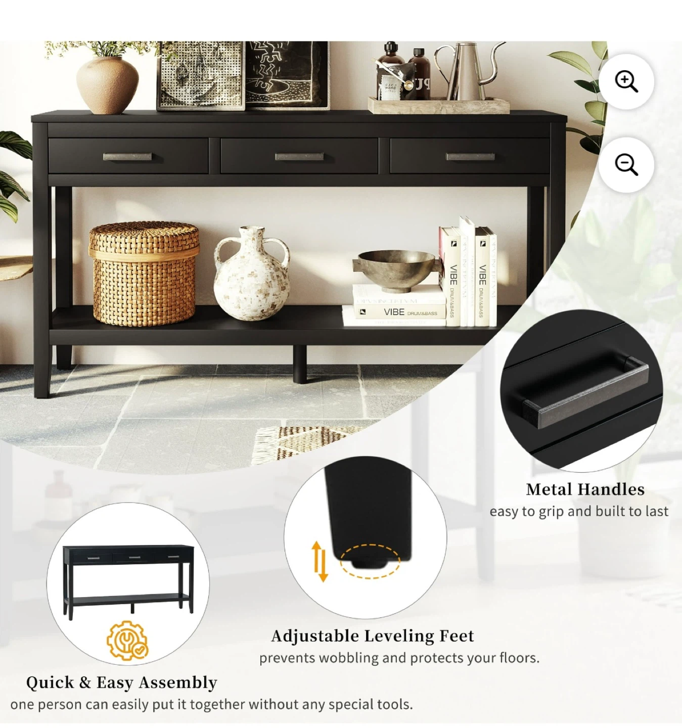 New Black solid wood Console Table 3 Drawers and Open Shelf - photo 4