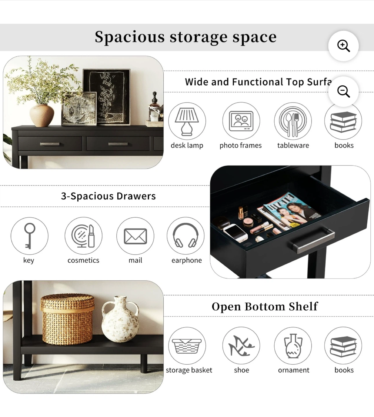 New Black solid wood Console Table 3 Drawers and Open Shelf - photo 5