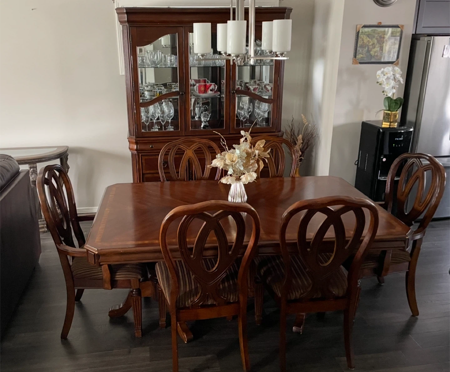 Wooden Dining Table Set with Hutch and 6 Chairs