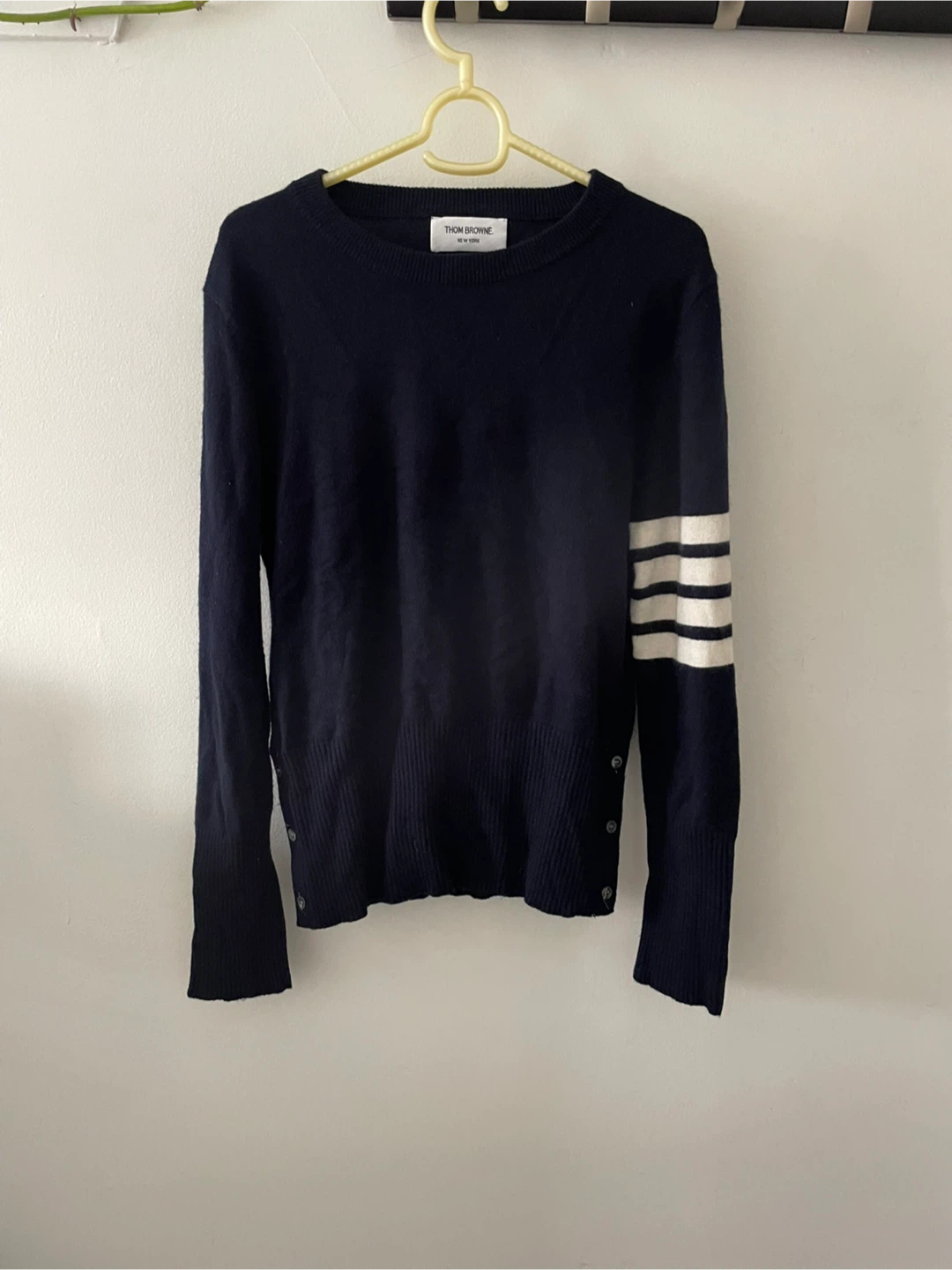 THOM BROWNE Navy Blue Sweater with White Stripes