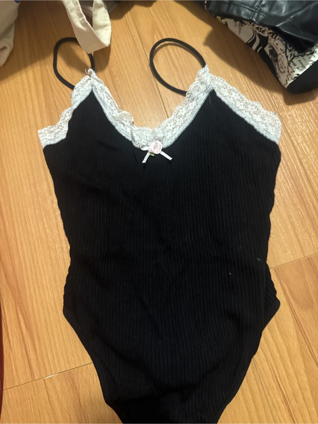 Black Ribbed Bodysuit with Lace Trim