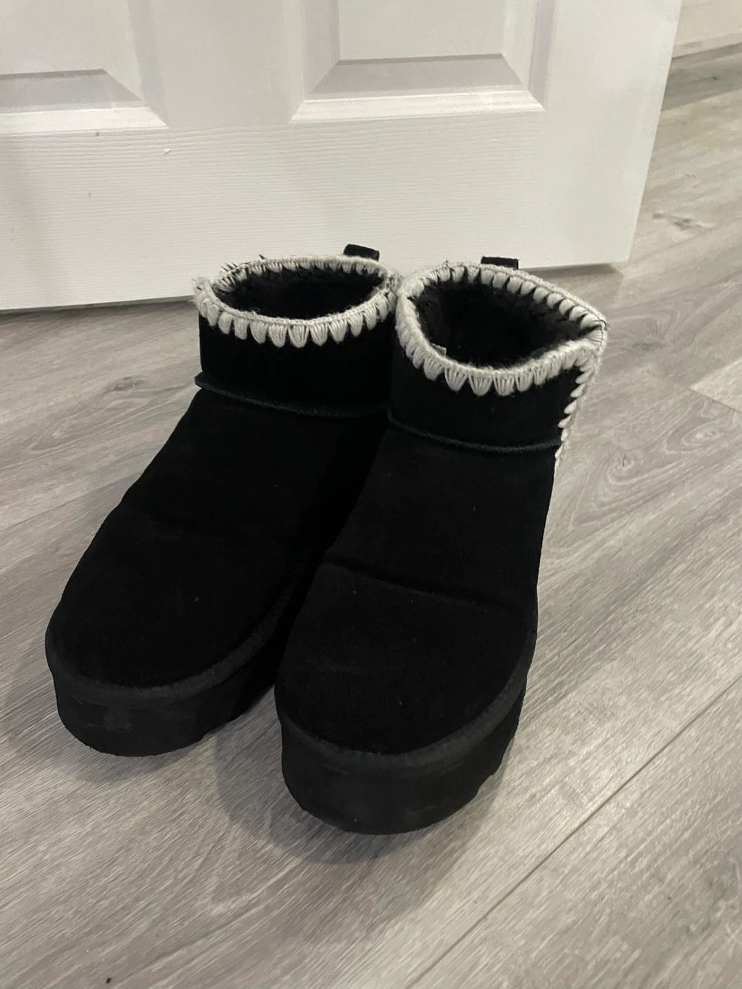 Black Suede Ankle Boots with Faux Fur Trim - photo 2
