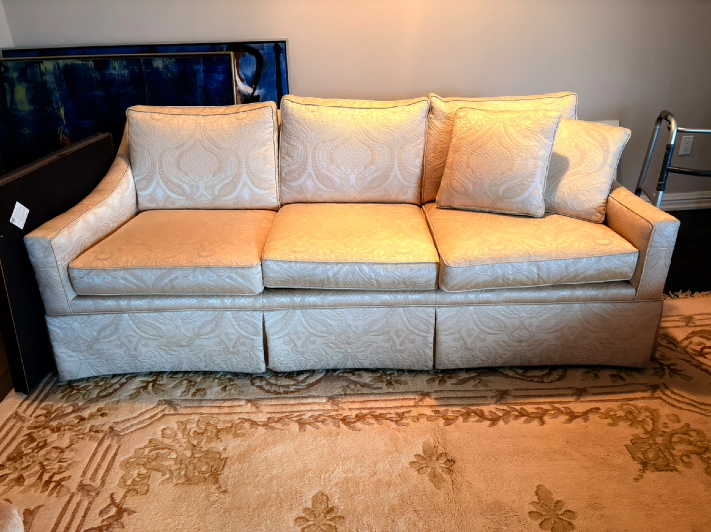 2 Cream Damask Sofas with Three Cushions