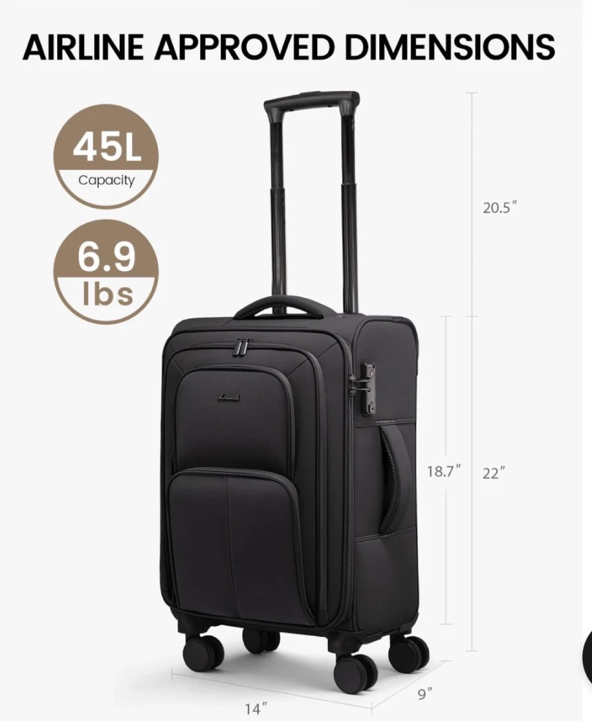 LOVEVOOK Black Hardside Spinner Luggage 20.5" - 45L - photo 5