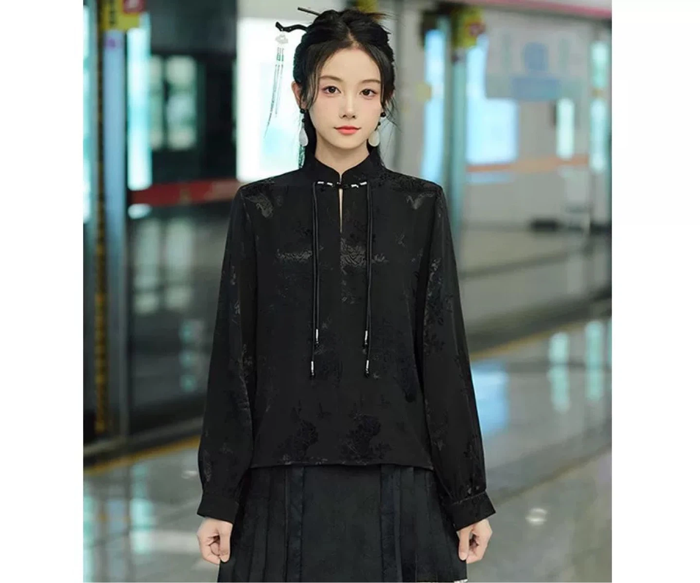 Black Long Sleeve Button-Up Blouse
