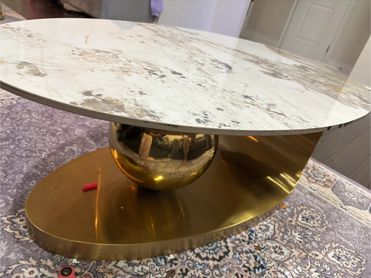 Modern Oval Coffee Table with Marble Top and Gold Base - photo 2