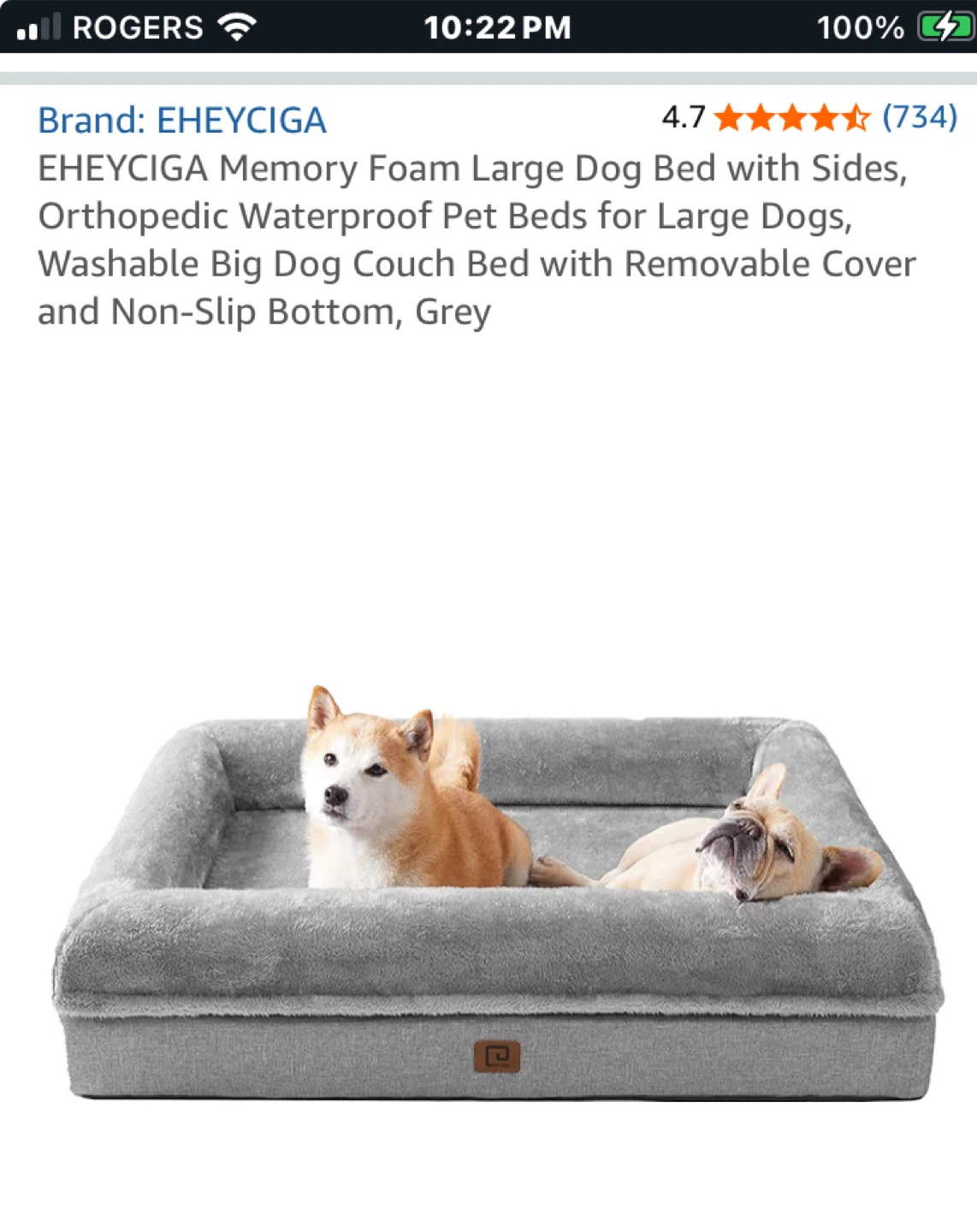 EHEYCIGA Large Memory Foam Dog Bed with Sides - Grey