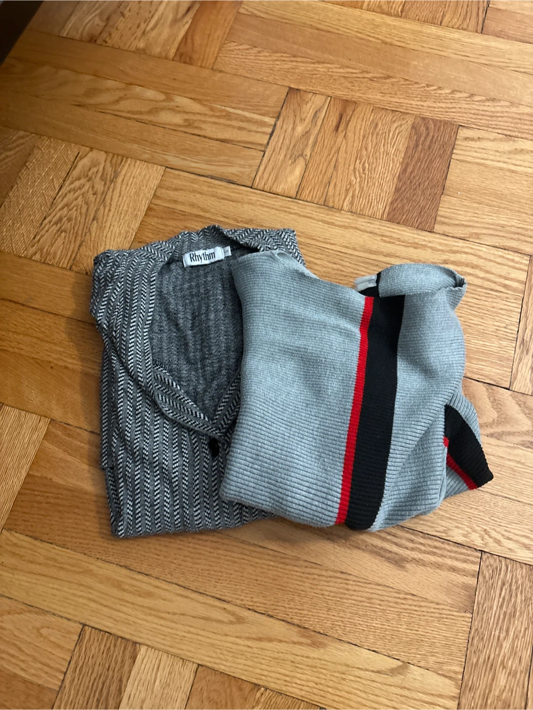 Rhythm Gray Sweater with Black and Red Stripes