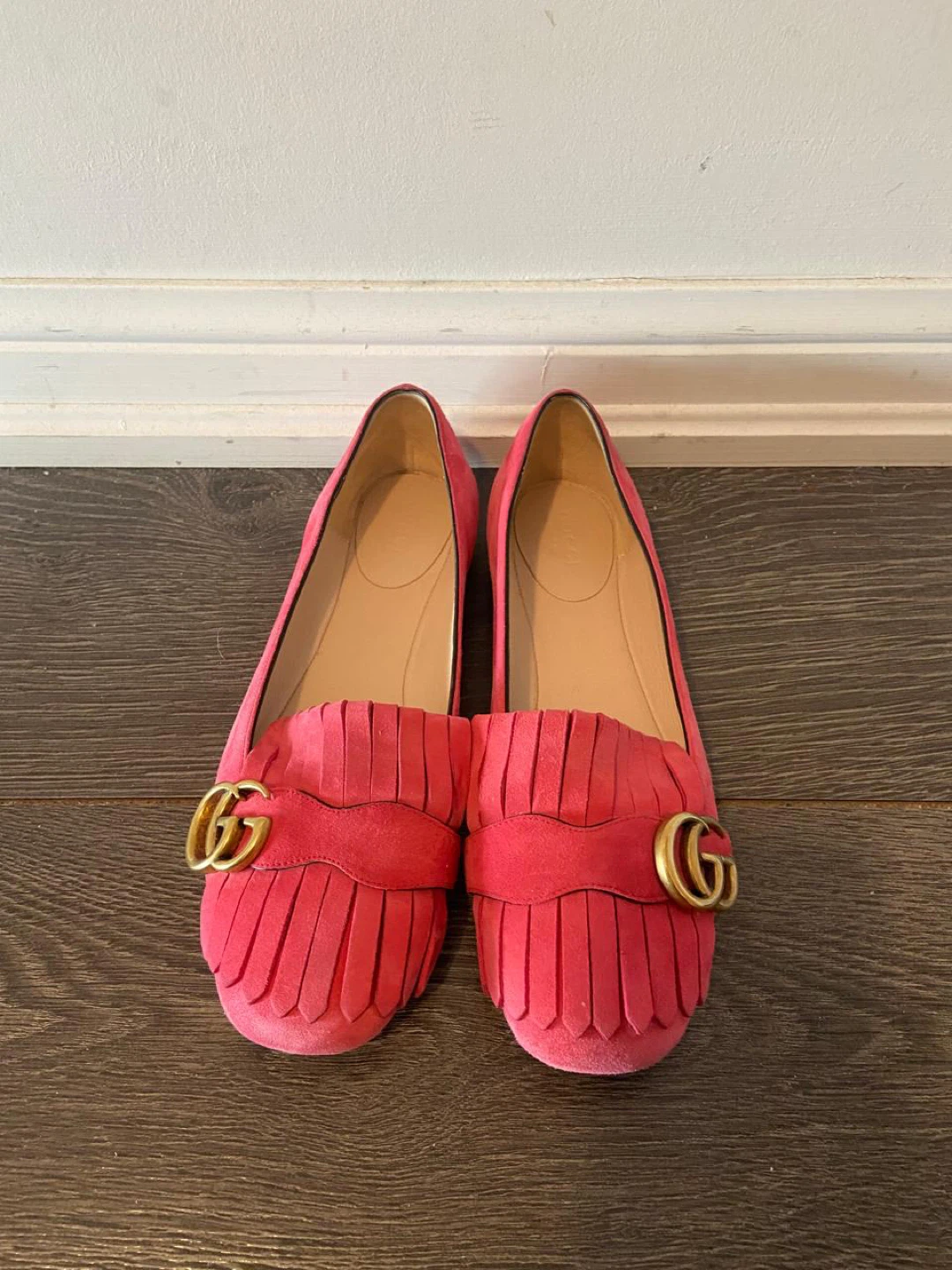 Gucci Pink Suede Fringe Loafers - Size 38