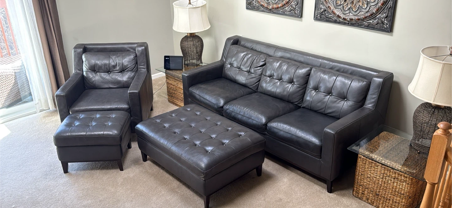 Dark Gray Tufted Leather Sofa and Ottoman Set - photo 3